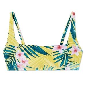 Kona Sol square neck bandeau bikini top tropical XL yellow green palm floral NWT
